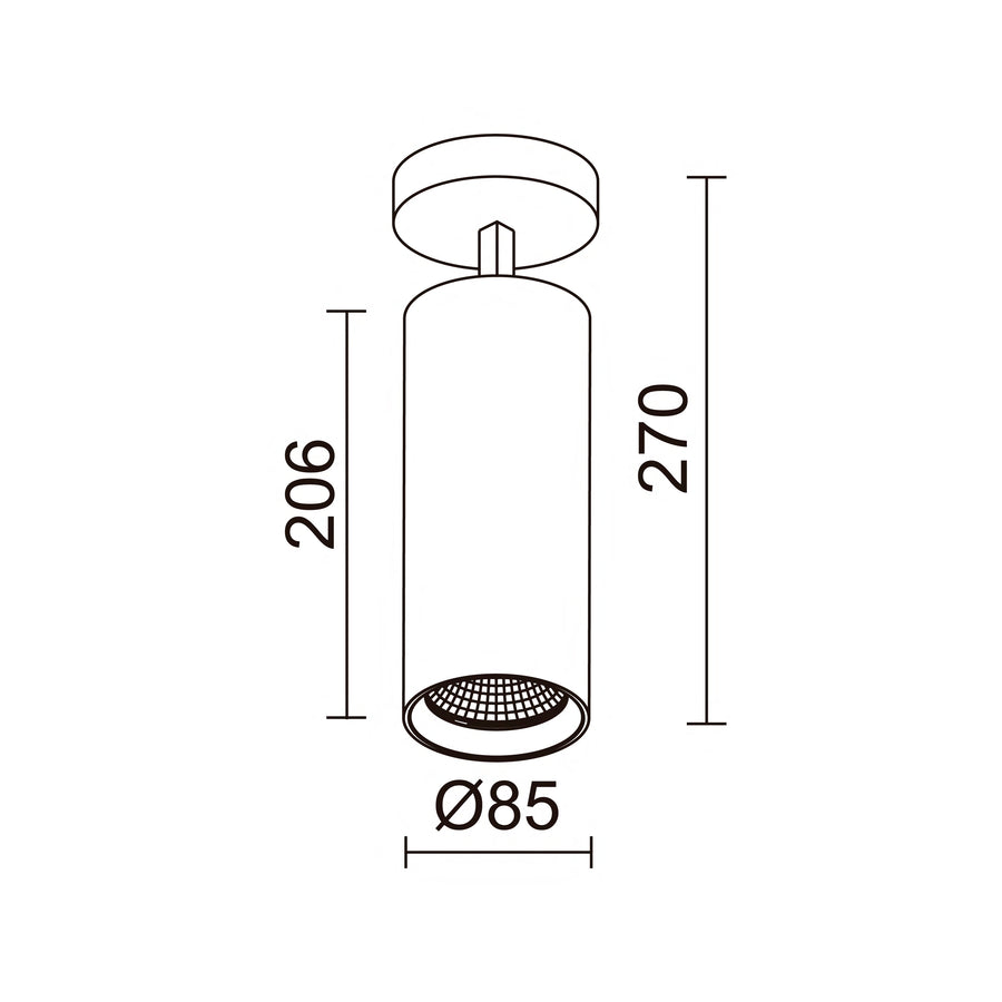 Schéma coté du spot : hauteur totale 270 mm, diamètre 85 mm et corps 206 mm