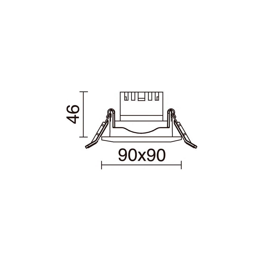 Schéma coté du spot carré avec dimensions 90 x 90 mm et hauteur 46 mm.