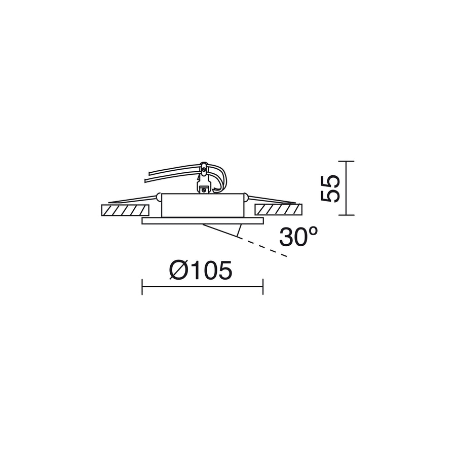 Schéma technique coté montrant diamètre 105 mm, hauteur 55 mm et orientation inclinée à 30 degrés.