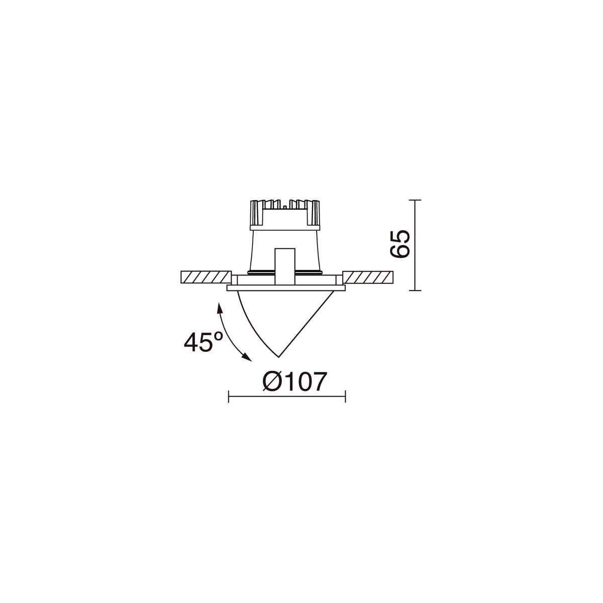 Schéma de dimensions du spot avec diamètre 107 mm, hauteur 65 mm et inclinaison 45 degrés.