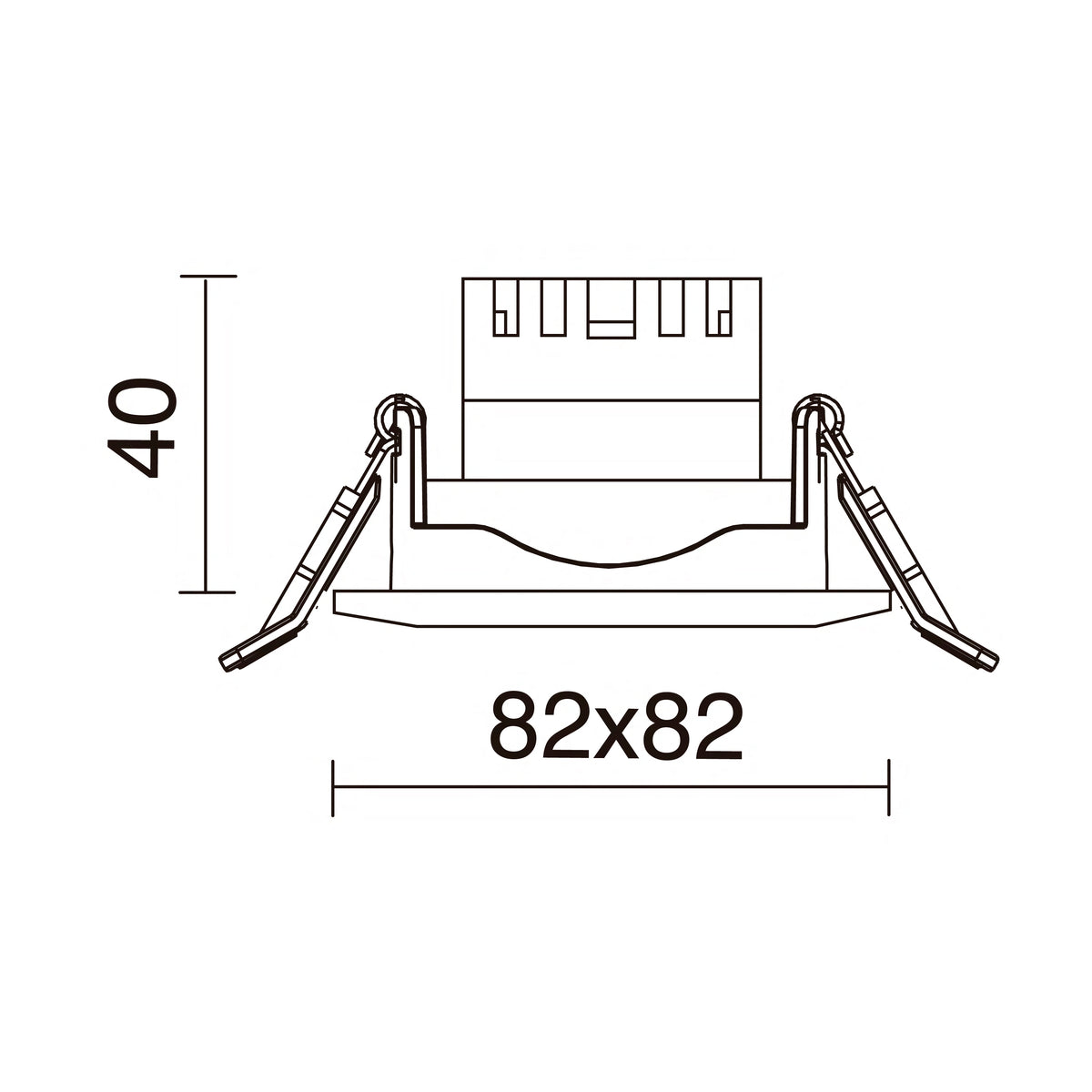 Schéma technique coté du spot carré 82 x 82 mm et hauteur 40 mm