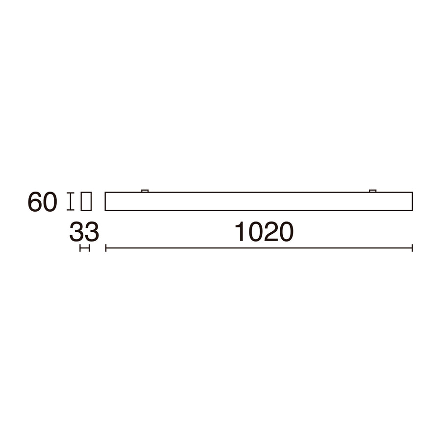 Schéma coté du luminaire : longueur 1020 mm, largeur 60 mm, hauteur 33 mm.