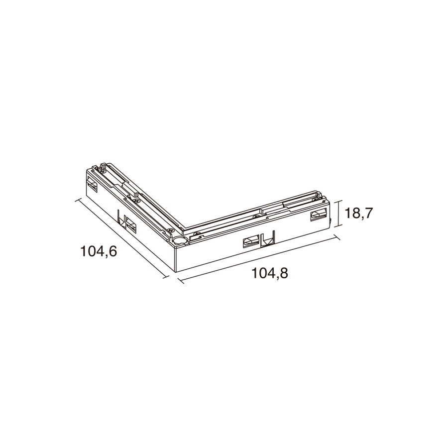 Schéma coté du raccord en L : 104,6 x 104,8 x 18,7 mm.