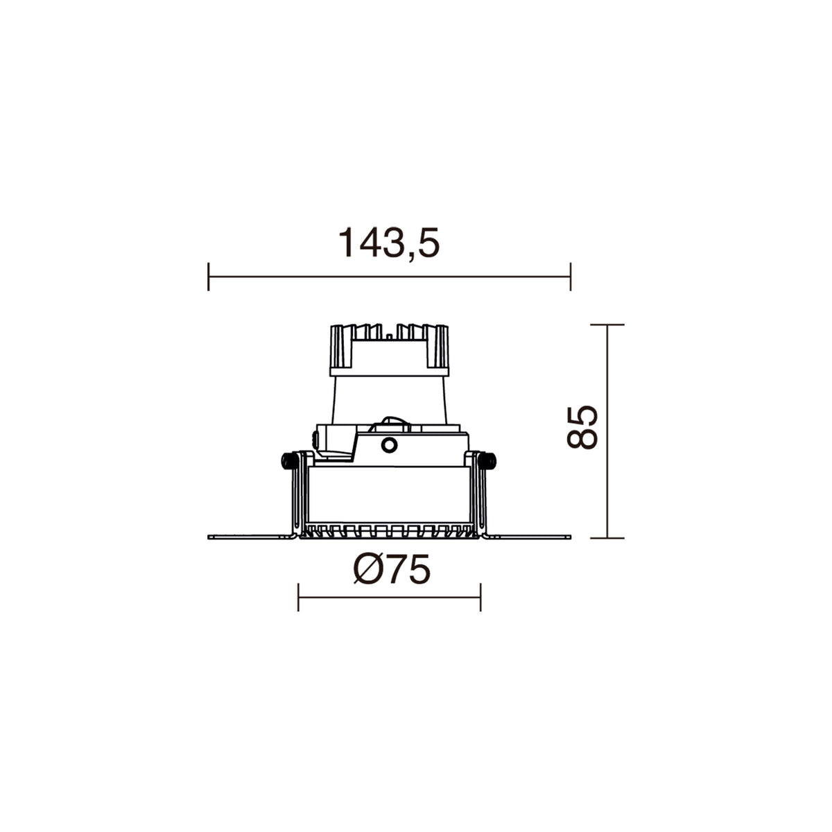 Schéma de dimensions du spot encastrable avec diamètre 75 mm et hauteur 85 mm.