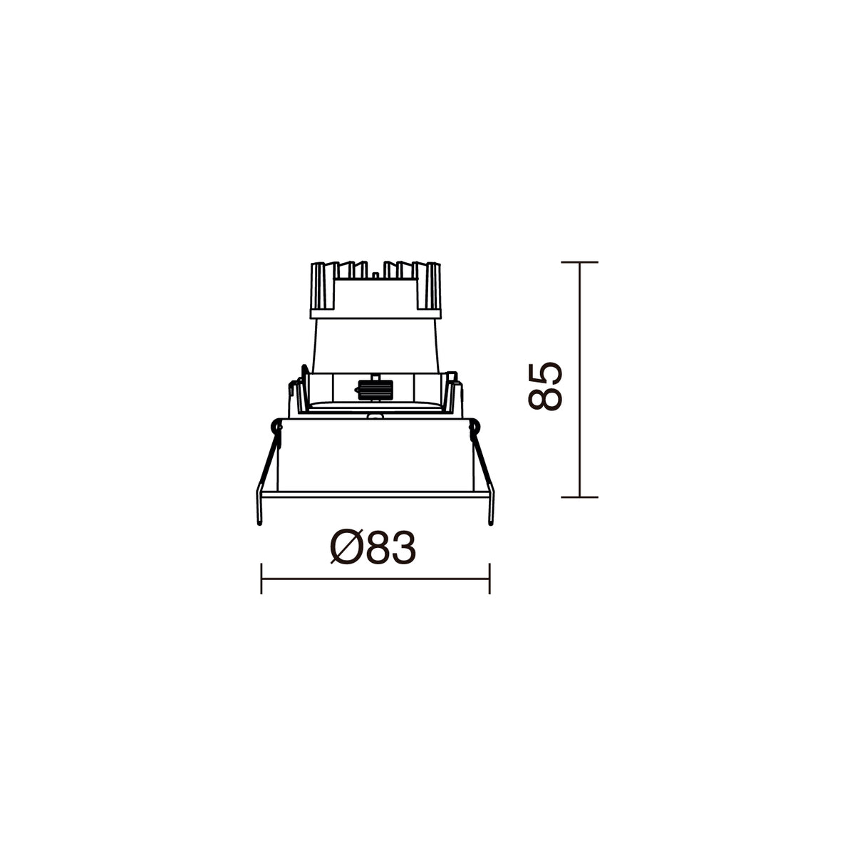 Schéma de dimensions du spot : diamètre 83 mm et hauteur 85 mm