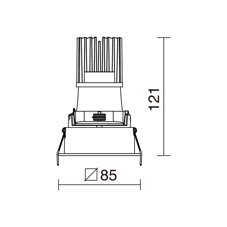Schéma technique côté du spot : hauteur 121 mm et largeur 85 mm.