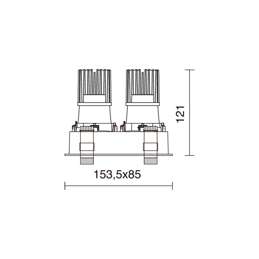 Plan coté du spot double avec largeur 153,5 x 85 mm et hauteur 121 mm.