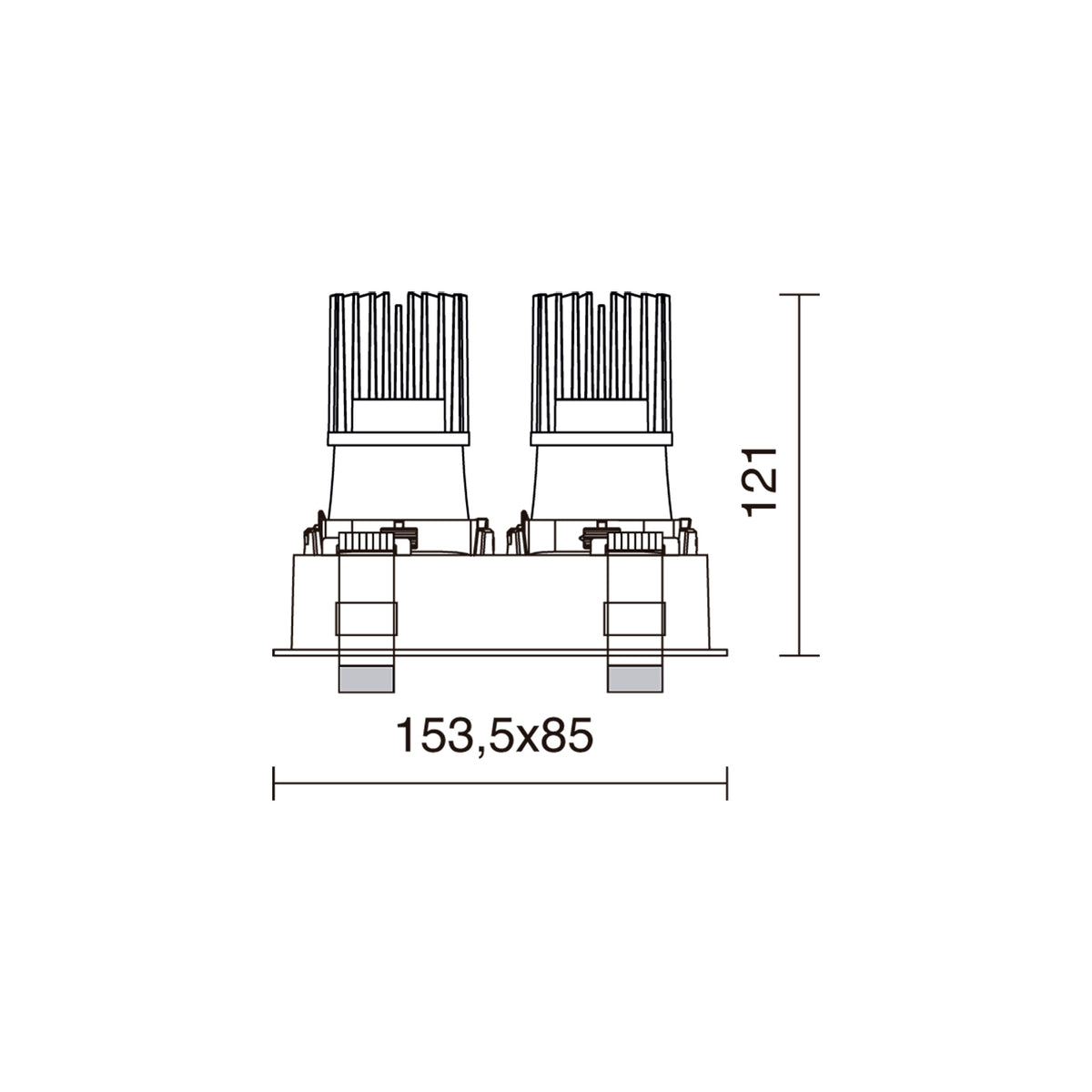 Schéma technique du spot double avec cotes 153,5 x 85 mm et hauteur 121 mm