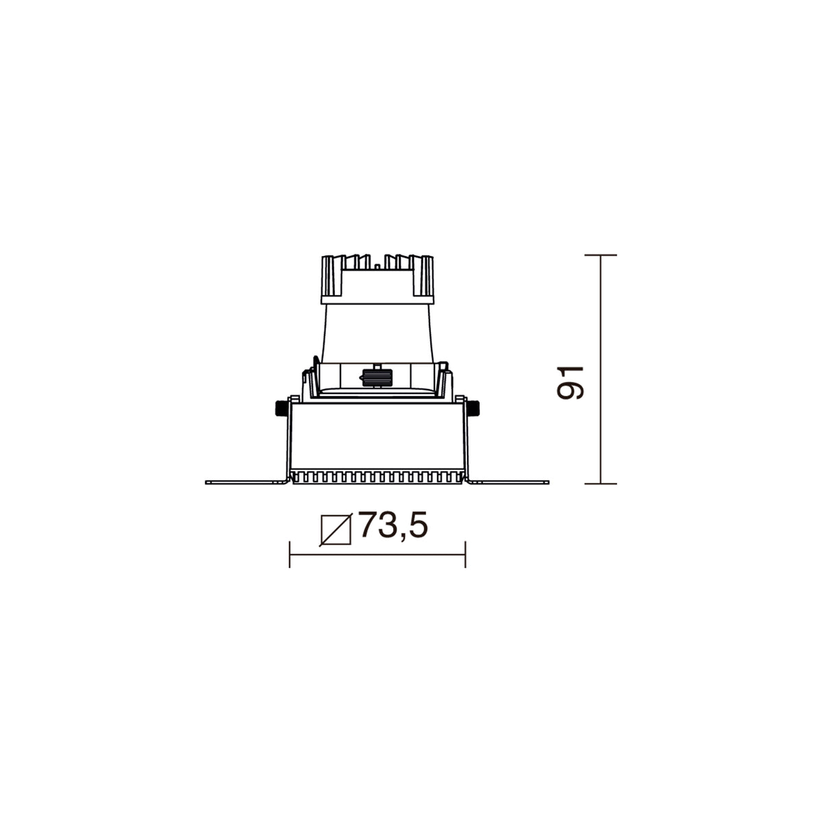 Schéma de dimensions du spot carré : 73,5 mm de large et 91 mm de haut.