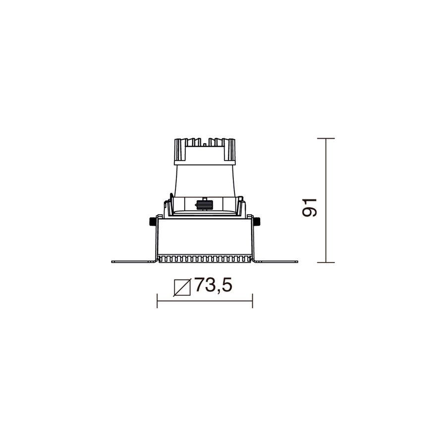 Schéma de dimensions du spot carré : 73,5 mm de large et 91 mm de haut.