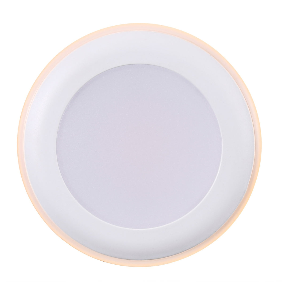 Face éteinte du luminaire, anneau périphérique orange visible autour de la collerette blanche
