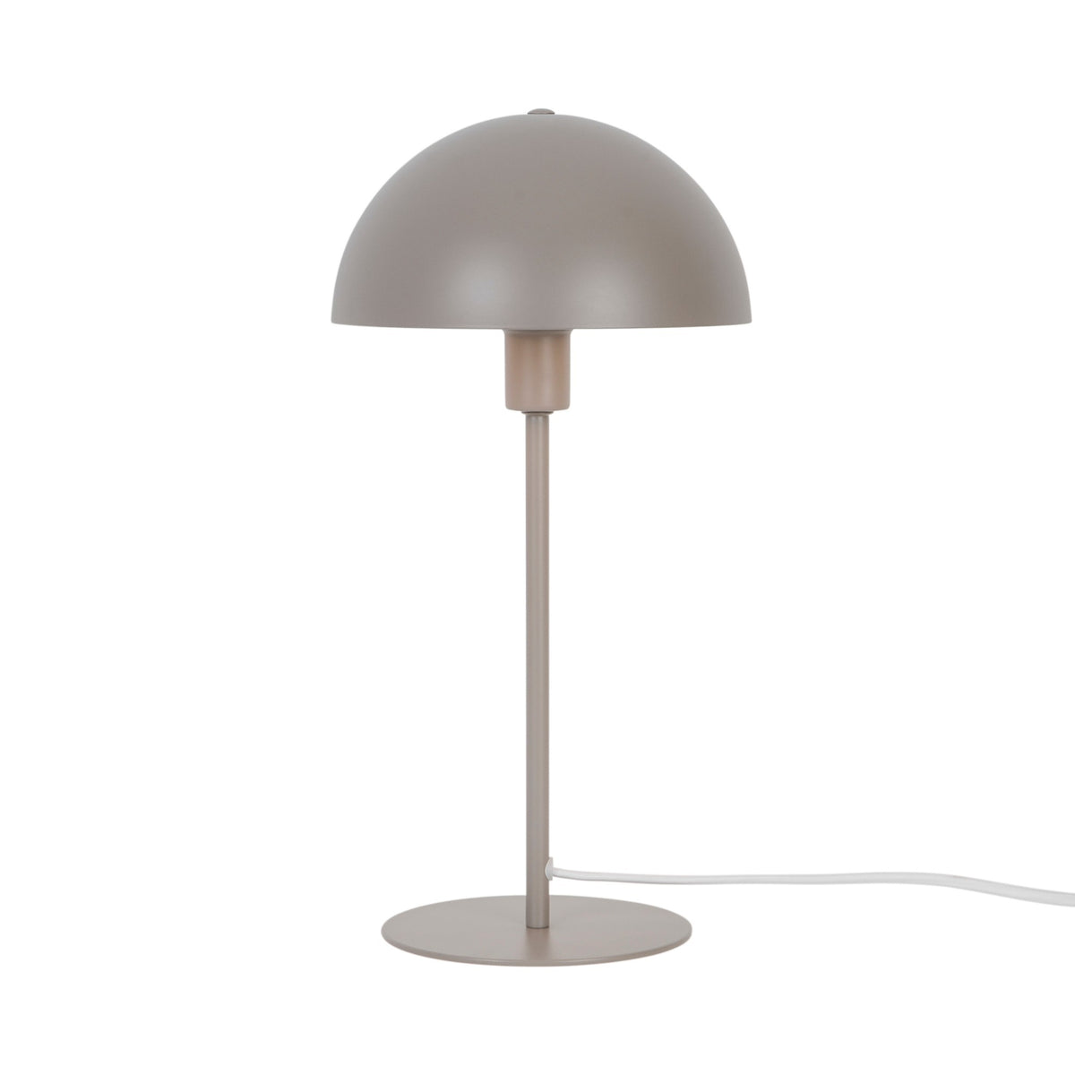 Version taupe gris du luminaire, abat-jour bombé et tige fine, câble blanc