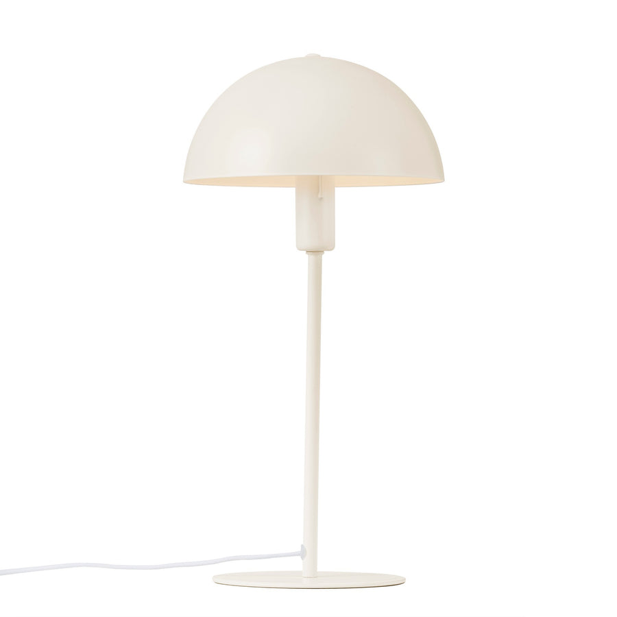 Vue de face du luminaire blanc cassé avec abat-jour demi-sphère et câble apparent