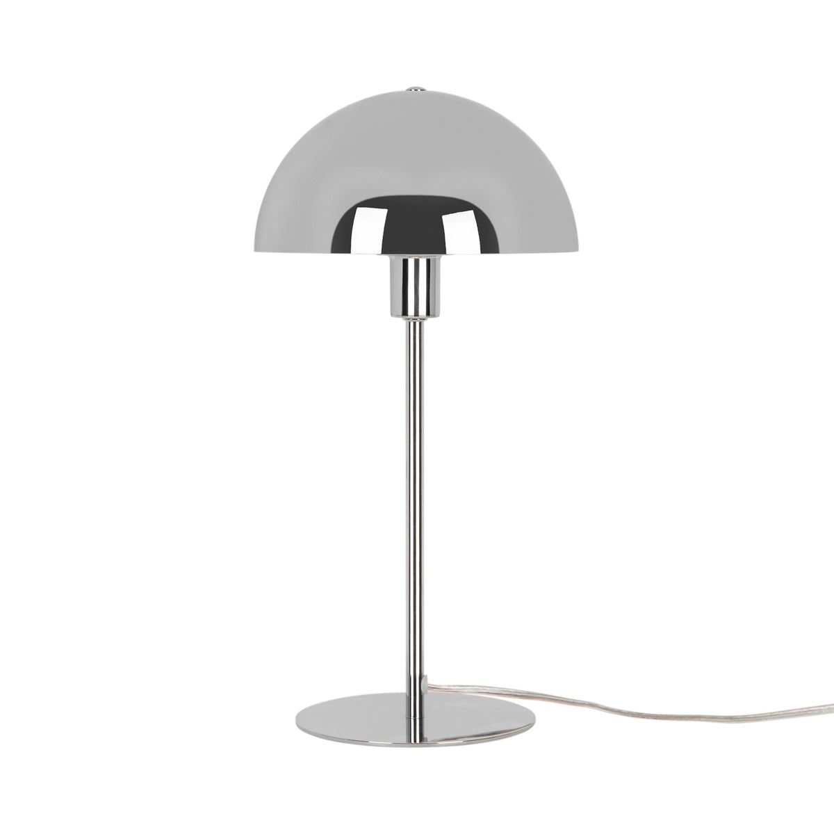 Vue de face du luminaire chromé avec socle rond et câble apparent.