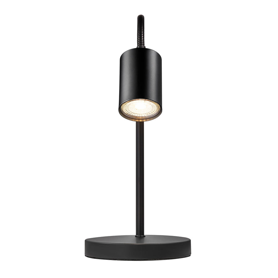 Détail de l'abat-jour cylindrique noir, LED allumée visible à l'intérieur.