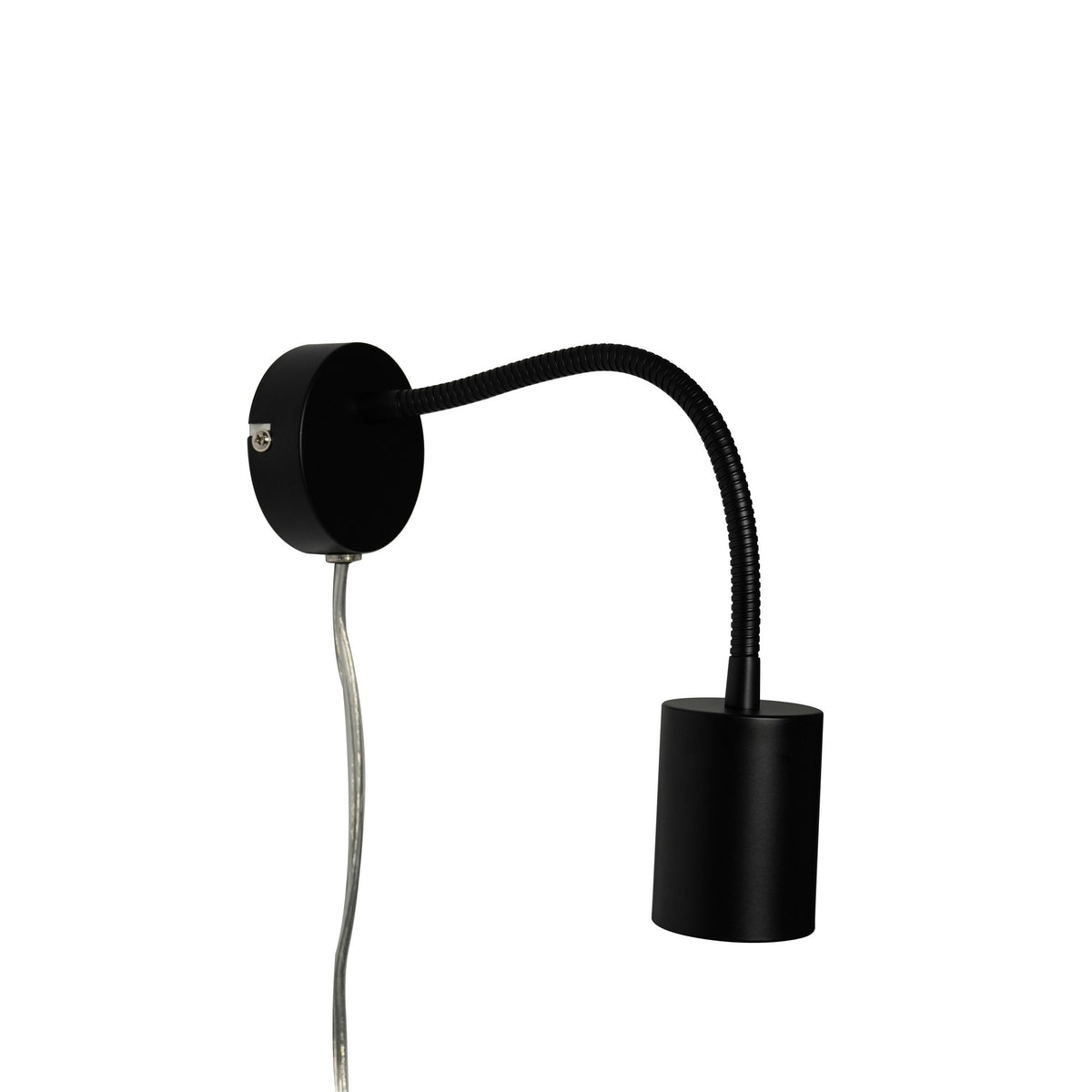 Vue de profil de l'applique noire, bras flexible et tête cylindrique suspendue