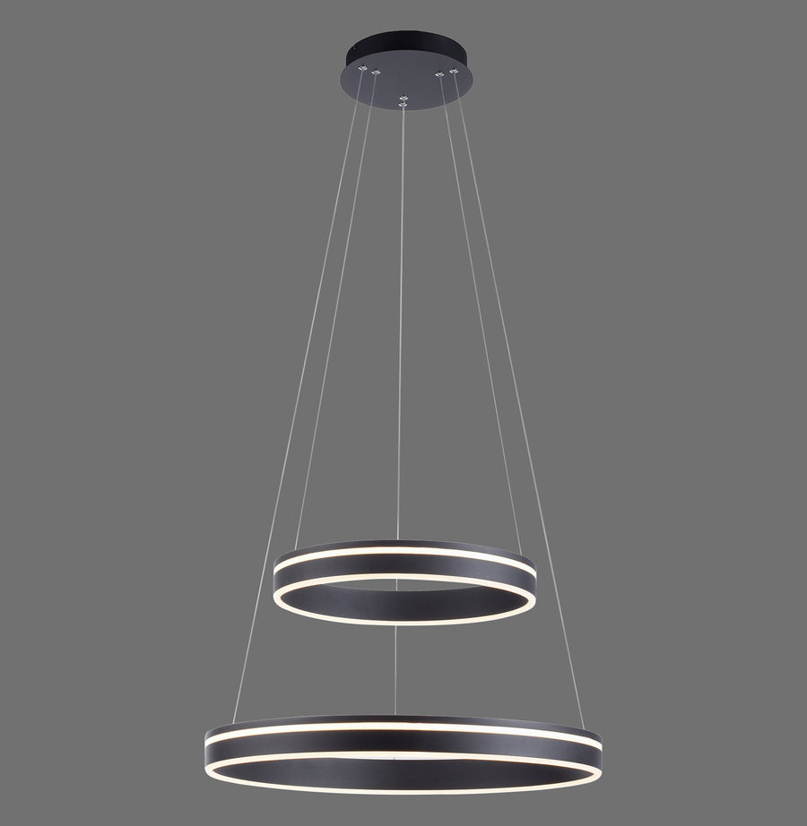Suspension à deux anneaux anthracite empilés, éclairage LED blanc, vue de face sur fond gris.