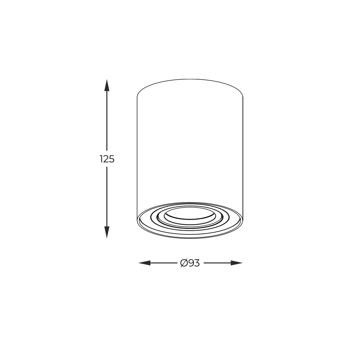 Schéma technique de côté du spot cylindrique, hauteur 125 mm et diamètre 93 mm