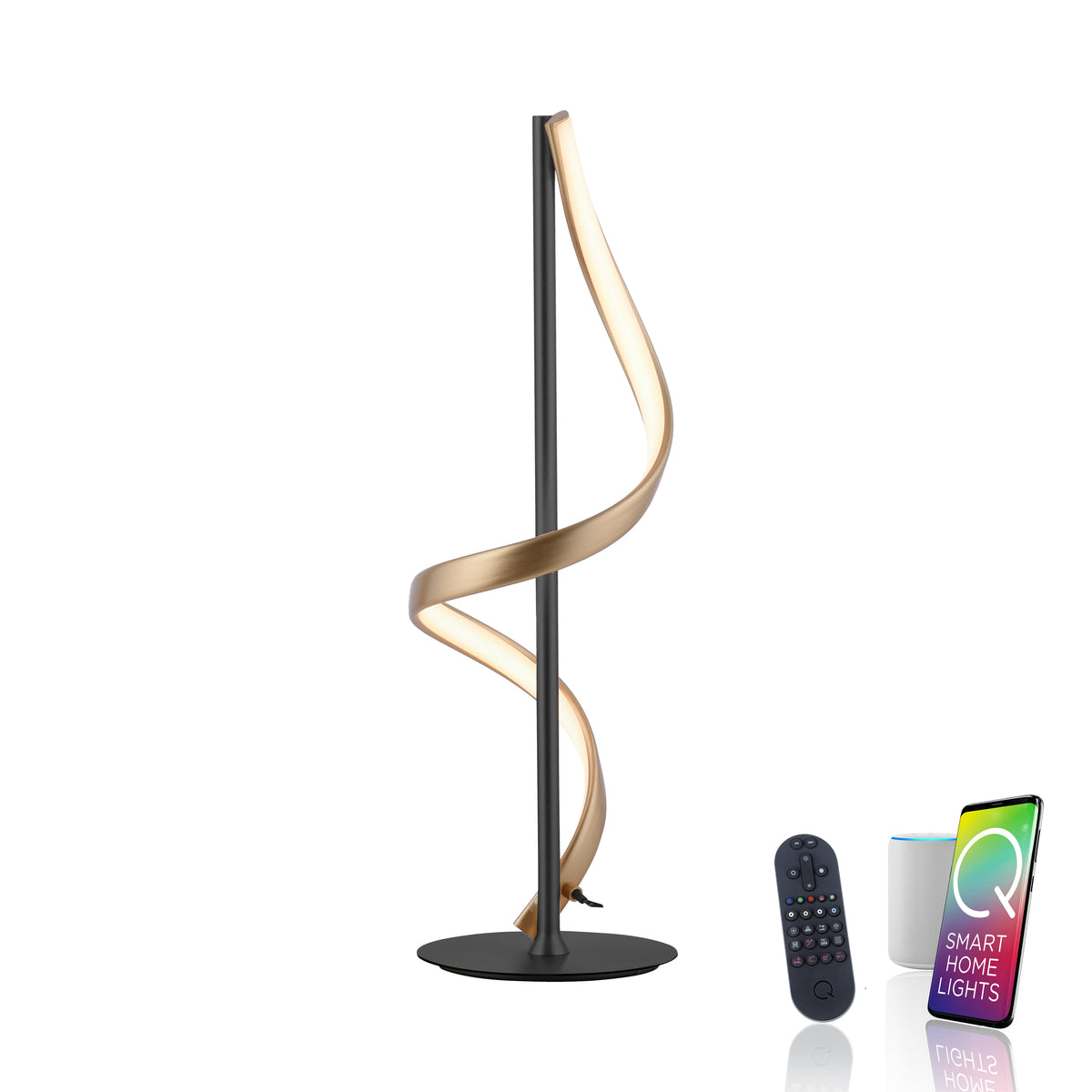 Lampe à poser présentée avec télécommande, enceinte connectée et smartphone.