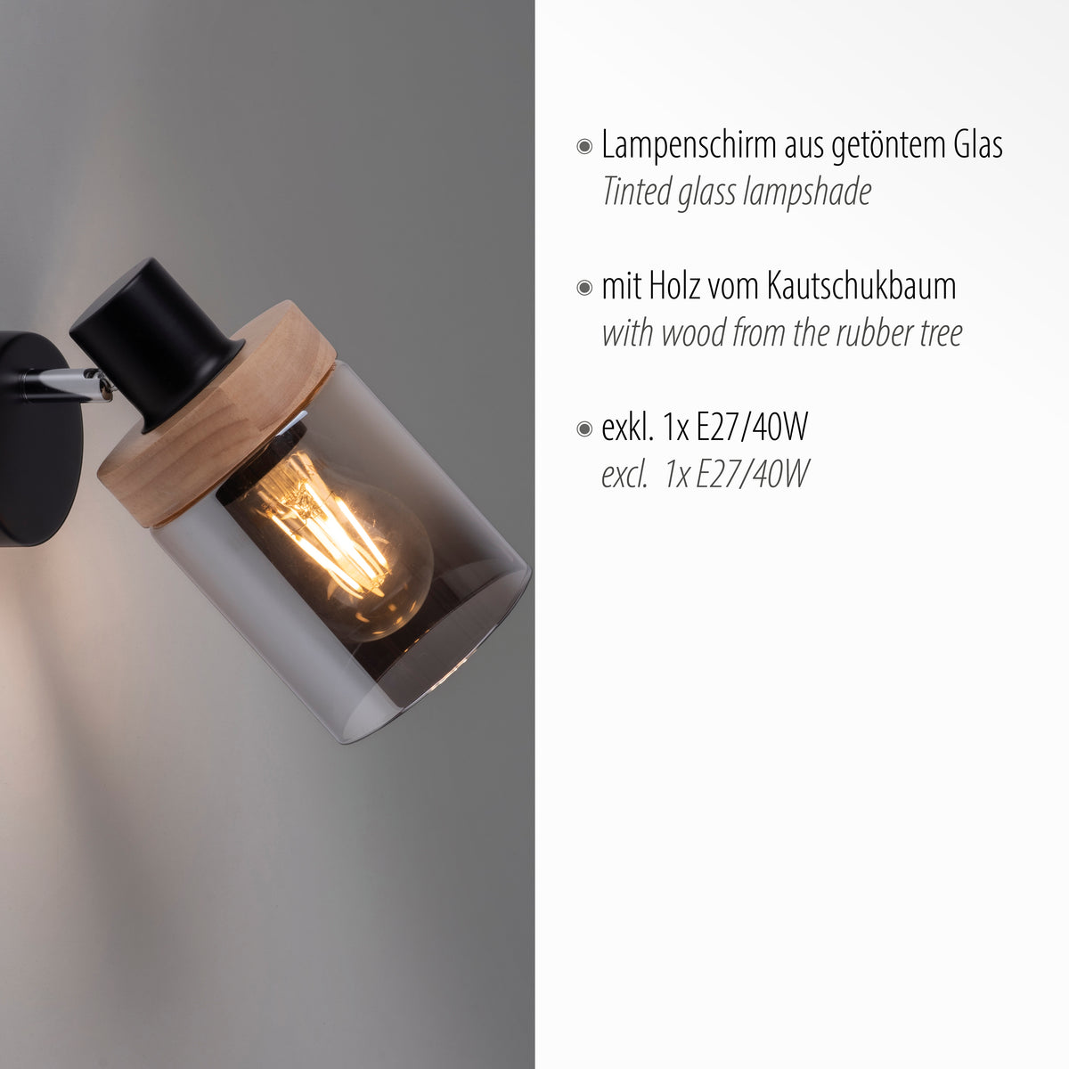 Détail légendé du luminaire mentionnant verre teinté, bois d'hévéa et douille E27