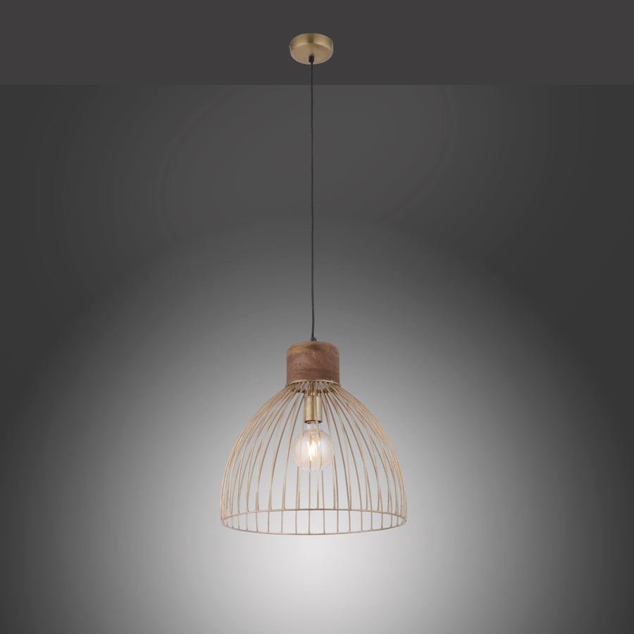Suspension éclairée diffusant un halo de lumière sur fond gris dégradé.