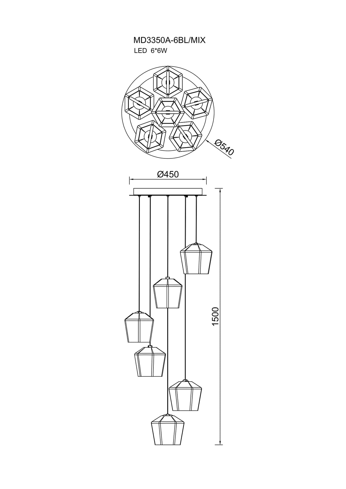 Schéma technique coté du luminaire avec dimensions du plateau et hauteur totale de suspension
