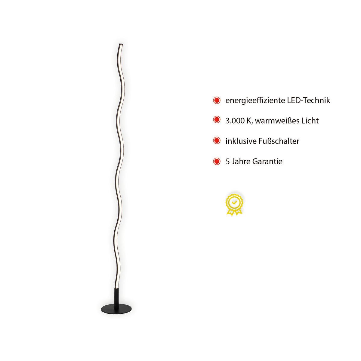 Visuel produit avec arguments allemands : LED, 3000 K, variateur au pied, garantie cinq ans.