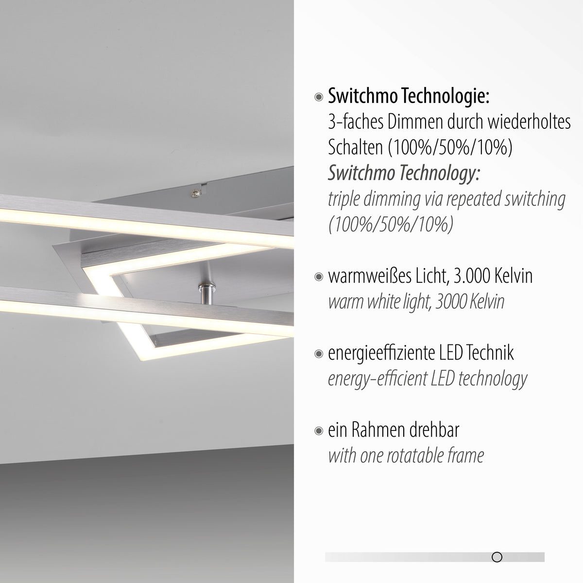 Détail du cadre LED et texte sur la technologie Switchmo triple gradation