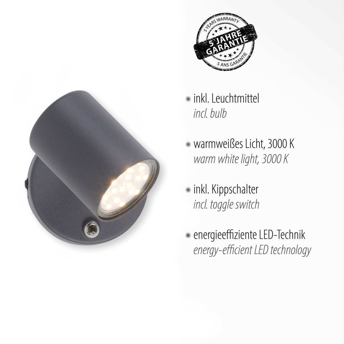 Visuel produit avec mention du luminaire LED inclus, lumière chaude et interrupteur intégré.