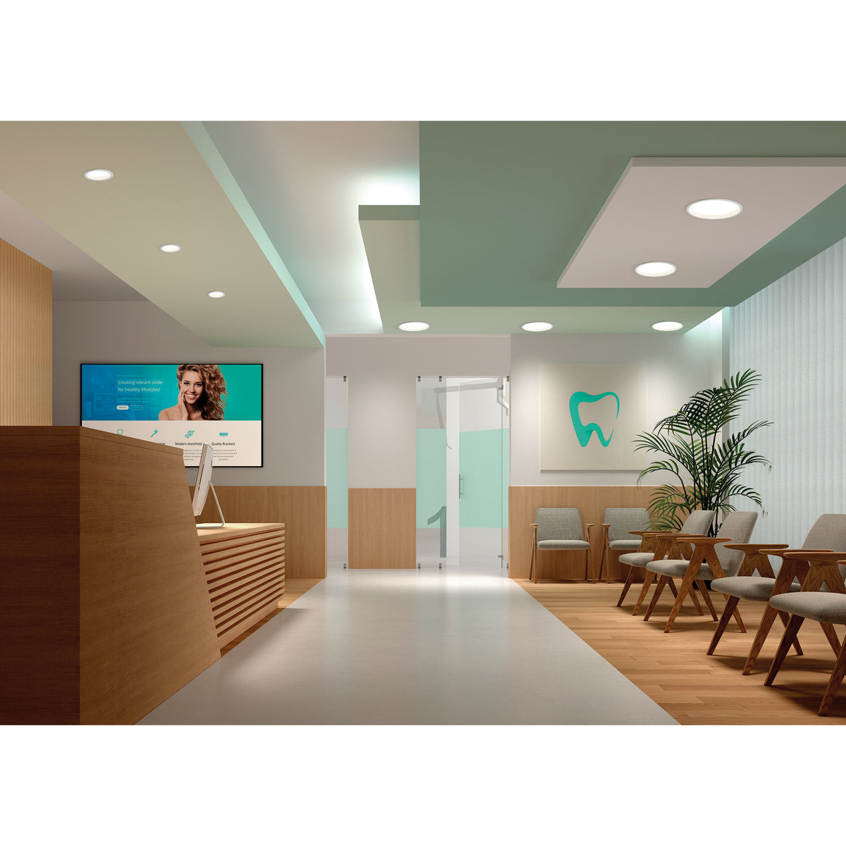 Mise en ambiance dans un cabinet dentaire, plafond équipé de spots encastrés