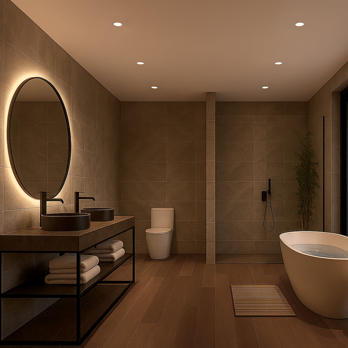 Salle de bain moderne éclairée par plusieurs spots encastrés au plafond, ambiance chaleureuse.