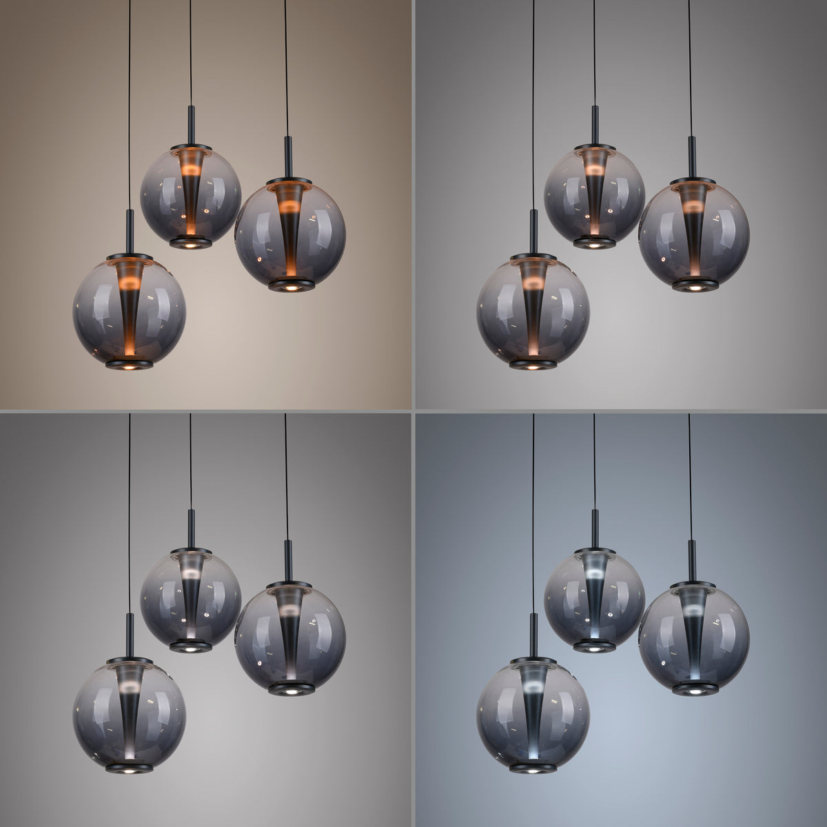 Quatre vignettes comparant l'éclairage chaud, neutre et froid du même luminaire