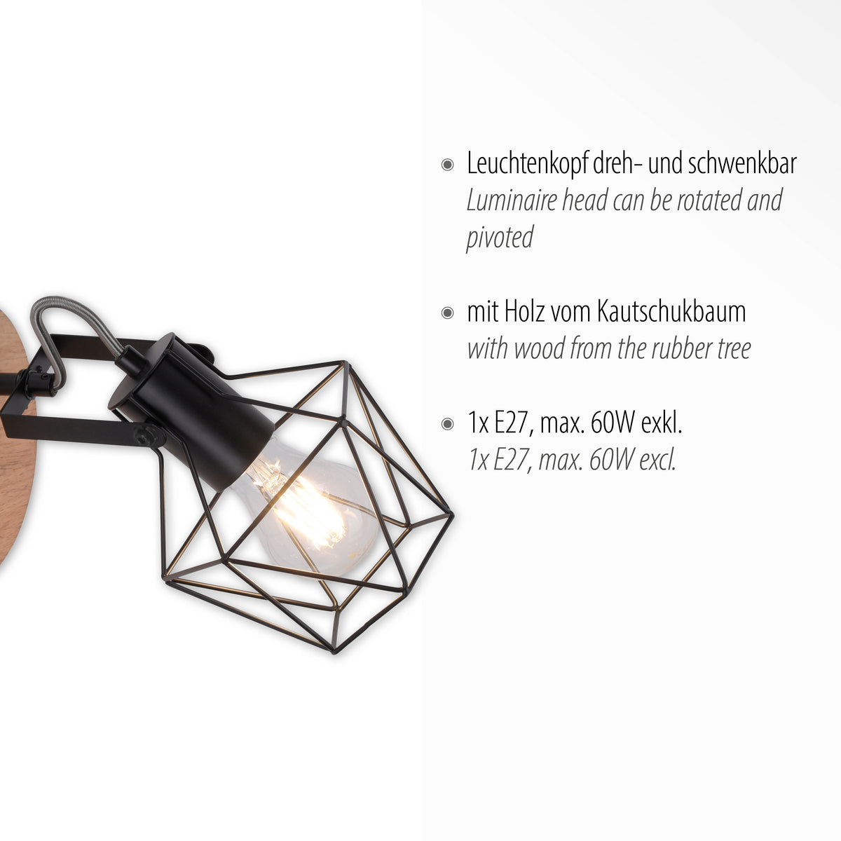 Fiche technique illustrée, tête orientable, bois d'hévéa et douille E27 soixante watts
