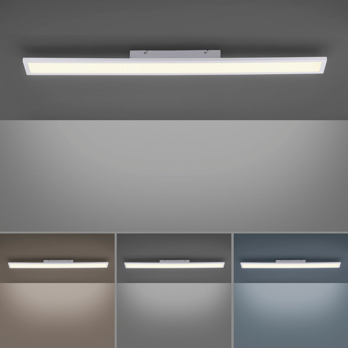 Luminaire allumé au plafond avec différentes températures de couleur blanc chaud à froid.
