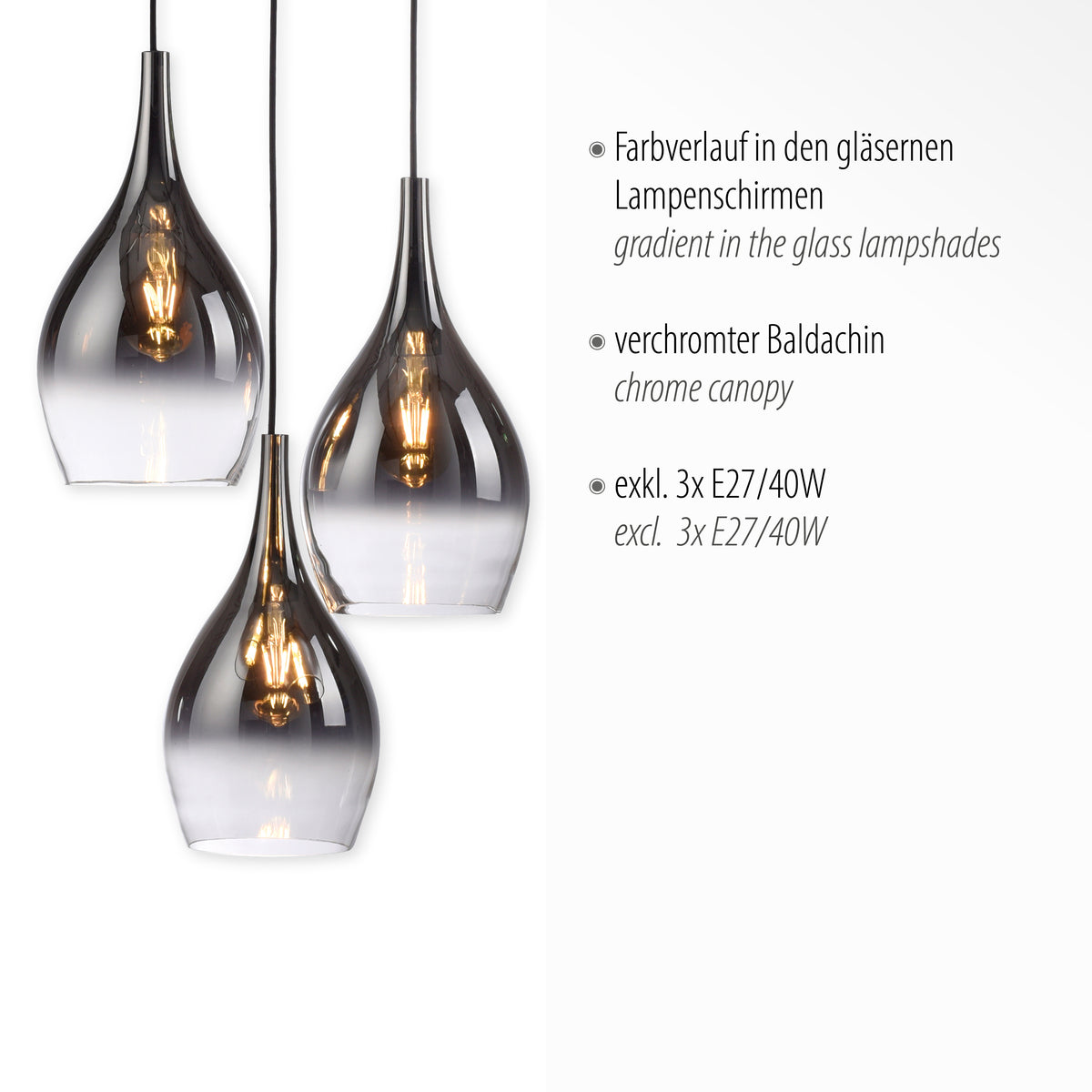 Détail des abat-jours en verre dégradé et rappel des caractéristiques techniques