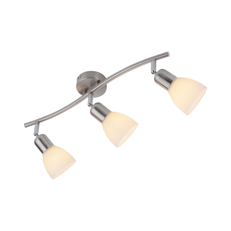 Présentation sur fond blanc du luminaire complet avec ses trois abat-jours orientables