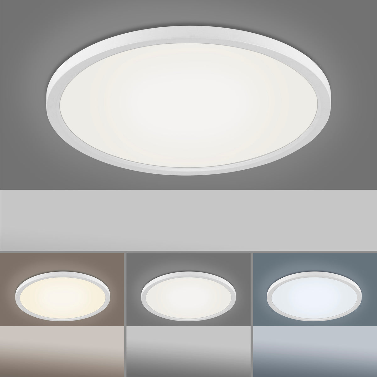 Plafonnier blanc montré en trois températures de couleur, encastré ou fixé au plafond.