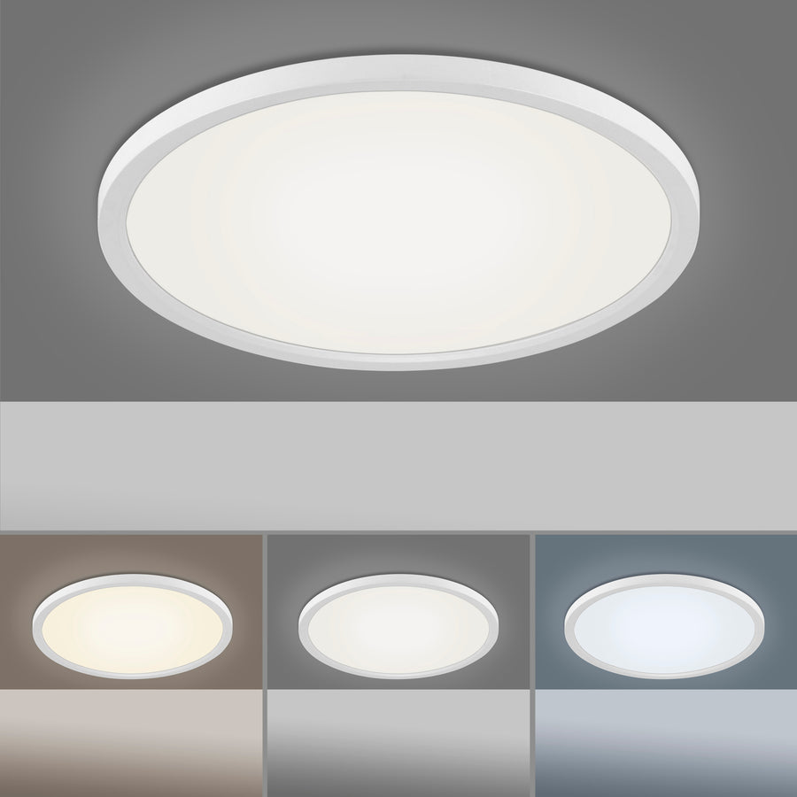 Plafonnier blanc montré en trois températures de couleur, encastré ou fixé au plafond.