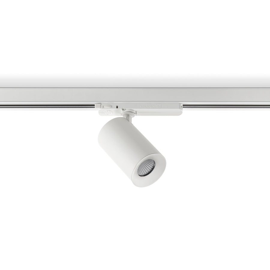 Spot sur rail blanc orientable, vue de face sur fond neutre.