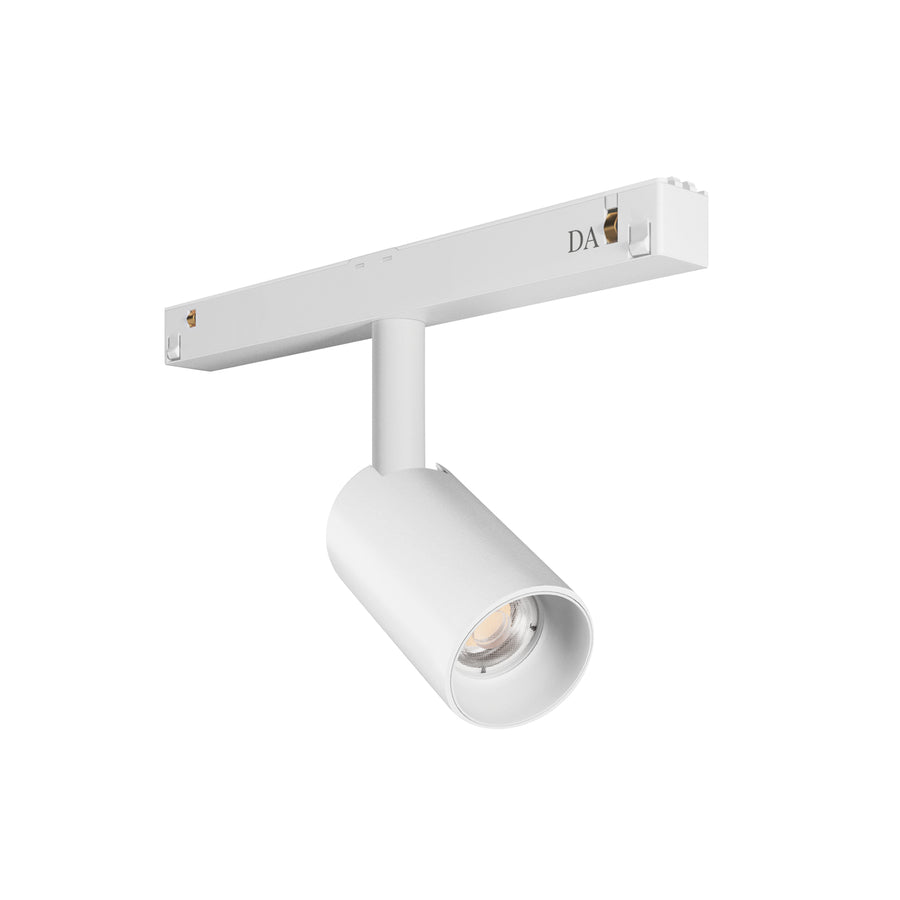 Spot blanc sur rail, corps cylindrique orientable et LED intégrée vue de face.