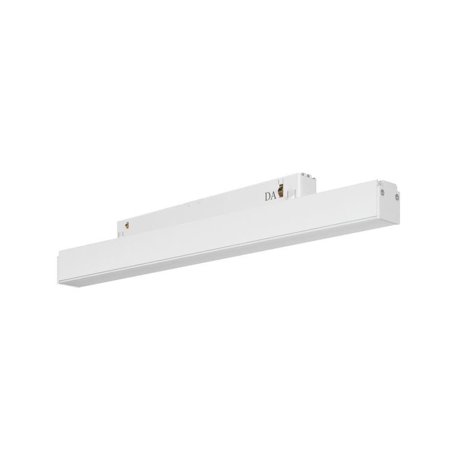 Spot blanc rectangulaire sur rail, adaptateur et LED intégrée visibles de trois quarts.
