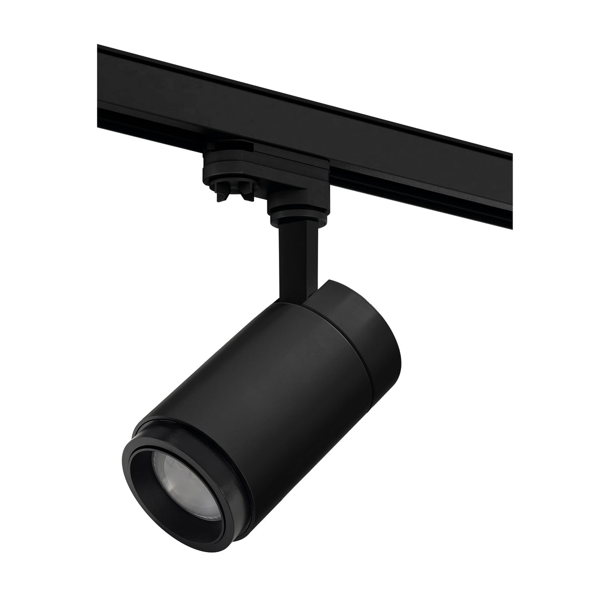 Gros plan d'un spot noir mat sur rail noir, projecteur LED orientable.