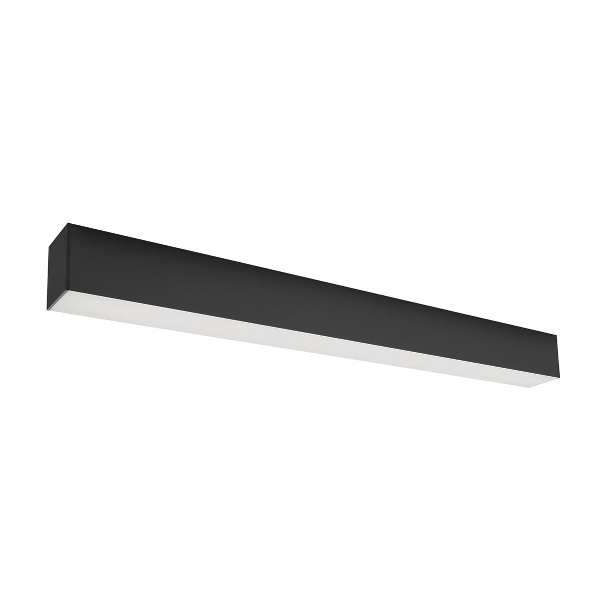 Version noire du plafonnier linéaire, contraste marqué avec le diffuseur blanc