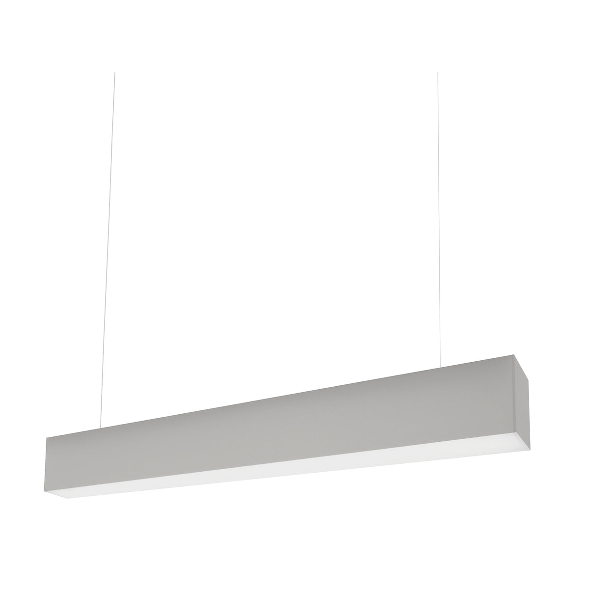 Vue de trois quarts du luminaire gris clair, mettant en valeur sa forme allongée.