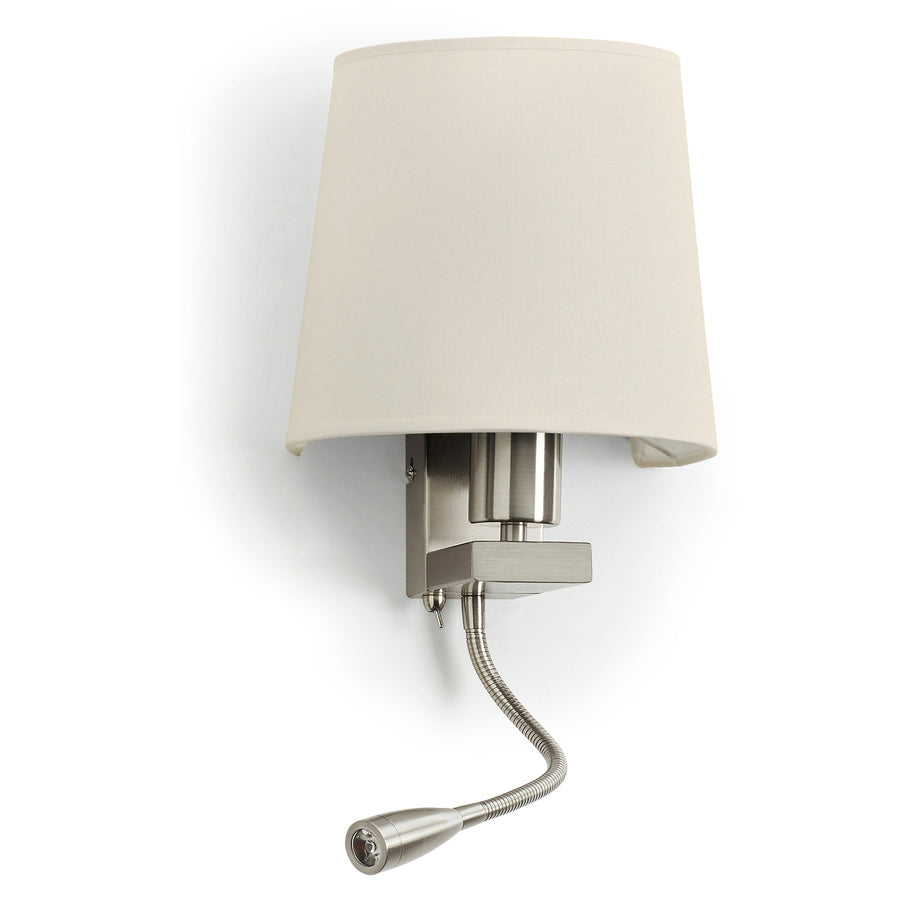 Vue de face sur fond blanc d'une applique murale à abat-jour rond beige et bras flexible