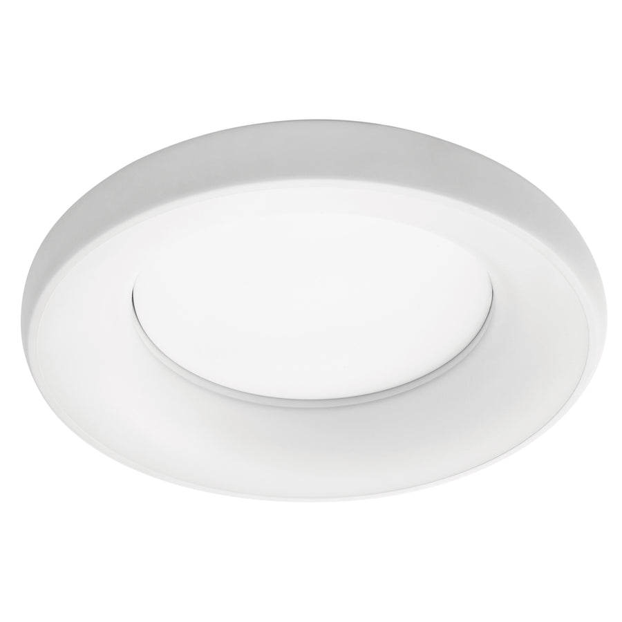 Plafonnier LED rond blanc vu de face sur fond neutre.