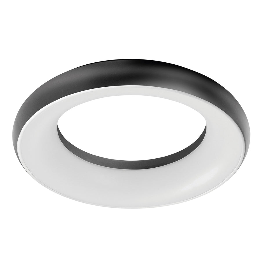 Anneau extérieur noir et diffuseur blanc, luminaire circulaire vu de face.