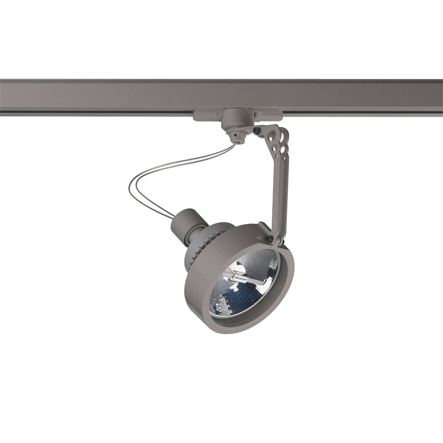Spot gris sur rail, tête ronde et bras réglable, présenté seul sur fond blanc.