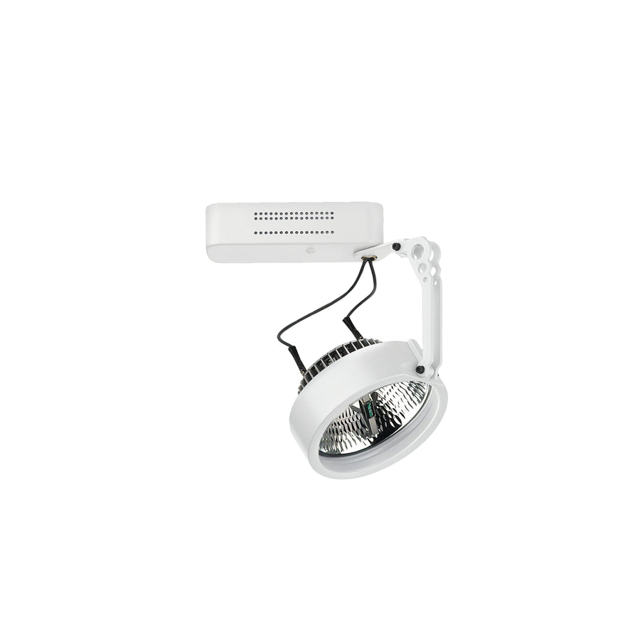 Spot blanc orientable fixé sur platine rectangulaire, tête cylindrique et réflecteur strié.