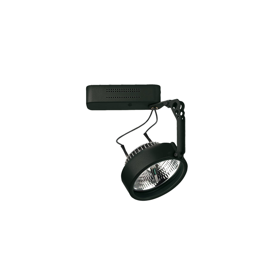 Spot noir orientable présenté sous le même angle, avec bras articulé visible.